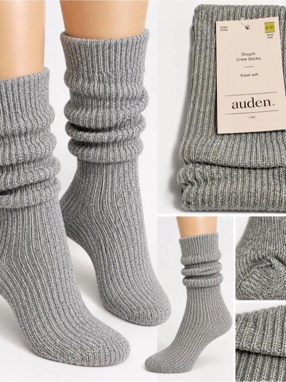 Auden Slouch Crew Socks Gray Size A-10 NWT